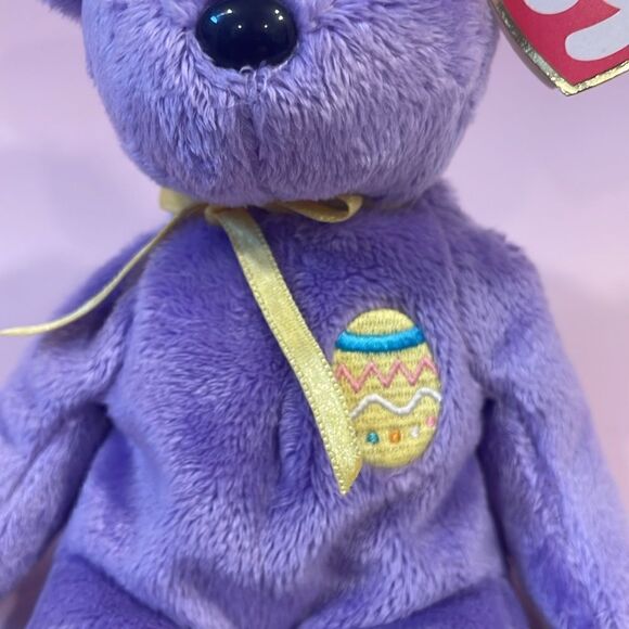 Ty 10 years Beanie Baby 2002 Eggs III The Bear Purple & Yellow Bear EUC NWT 9” - Picture 7 of 10